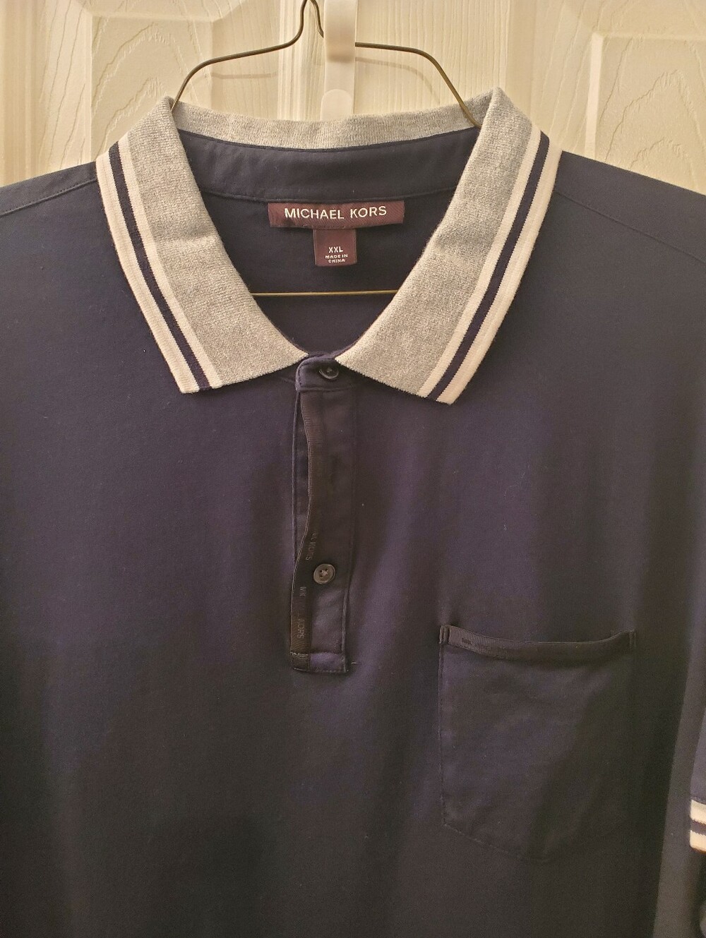 Michael Kors Men's Navy Polo with Grey Striped Collar